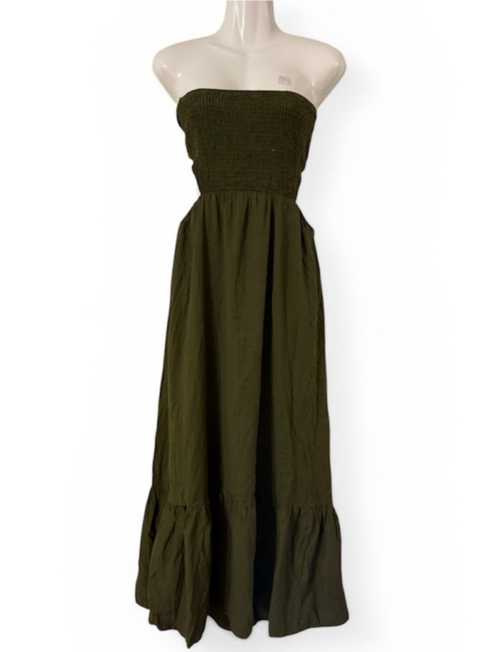 Zara Olive Green Strapless Maxi Dress Smocked Small